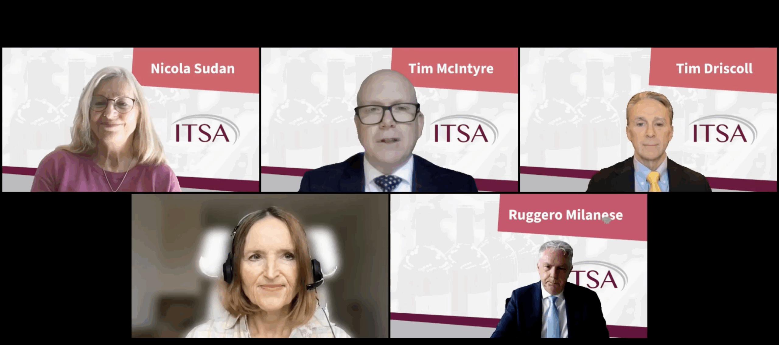 A screenshot from the webinar showing Dr Hana Ross, Nicola Sudan, Tim McIntyre, Tim Driscoll and Ruggero Milanese